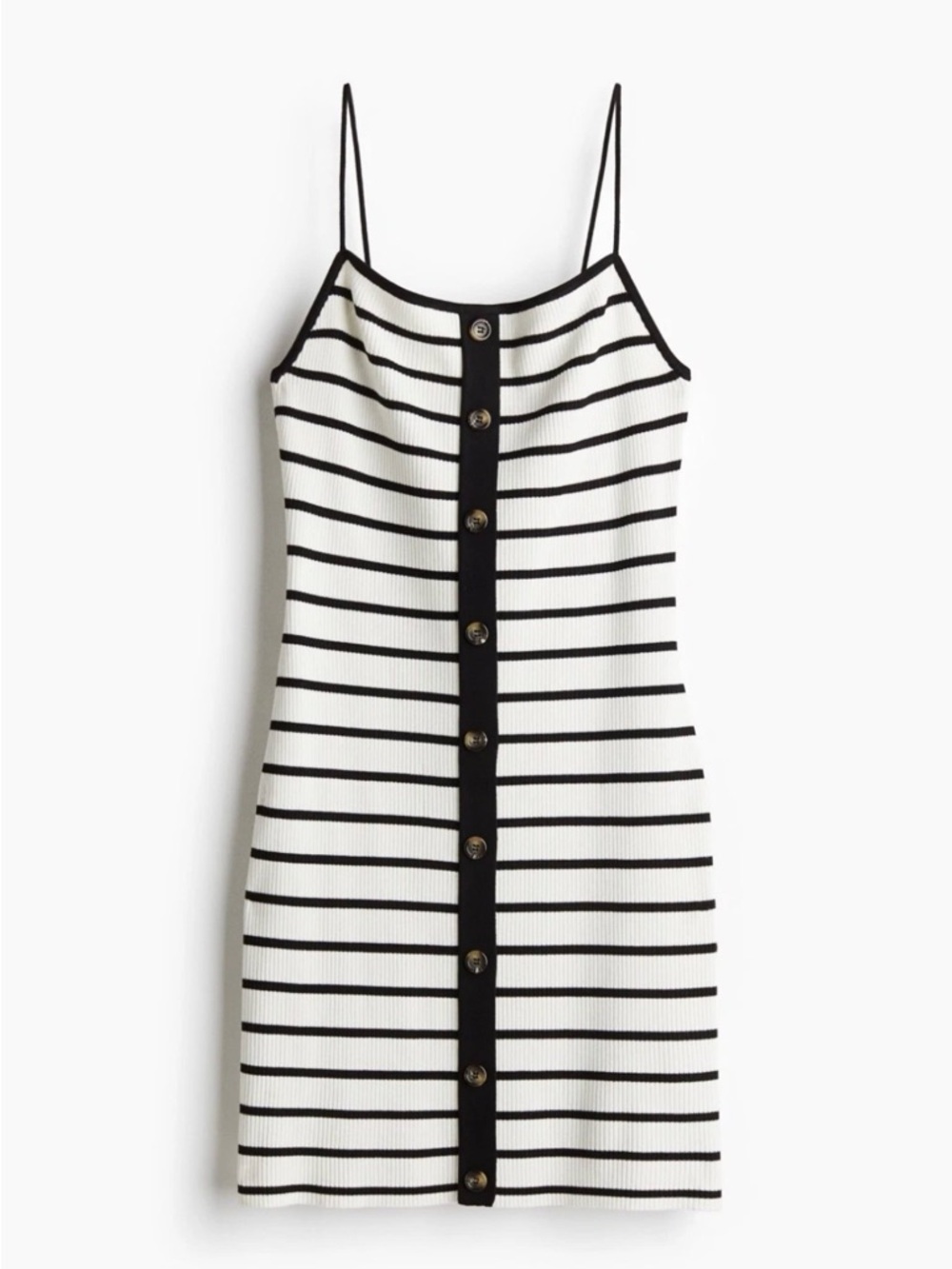 H&M Black White Striped Knit Midi Dress Button Front Spaghetti Strap Bodycon L